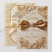 エンボス加工の花柄結婚式招待状 - サテンのリボンとG 招待状 (正面/裏面)