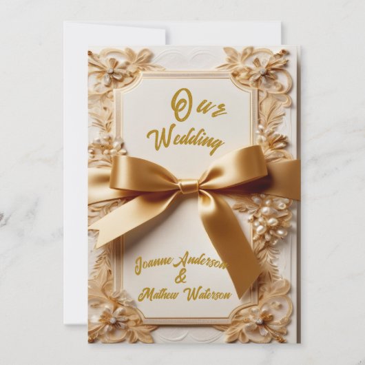 エンボス加工の花柄結婚式招待状 サテンのリボン付き 招待状 (正面)