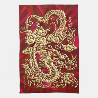 エンボス加工の金色のドラゴンが施されたレッドサテン生地のプリント キッチンタオル