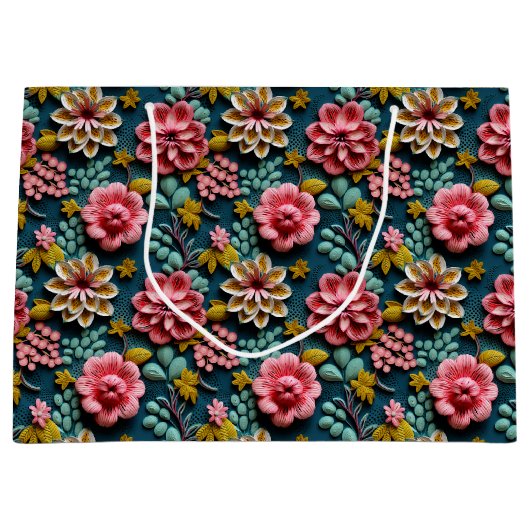 エンボス加工ピンクの花 ラージペーパーバッグ (正面)