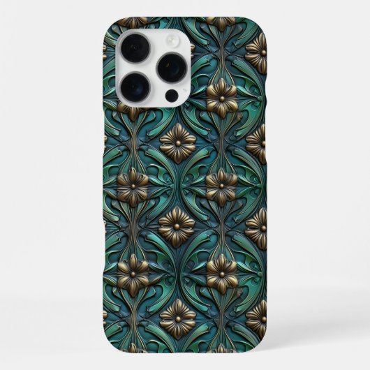 エンボス加工 ゴールドとグリーンの花 iPhoneケース (裏面)