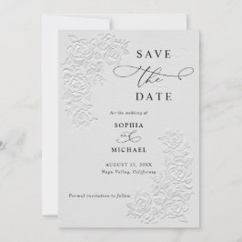 エンボス調の白いバラの結婚式Save the Date 招待状