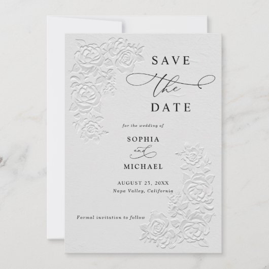 エンボス調の白いバラの結婚式Save the Date 招待状 (正面)