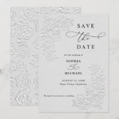 エンボス調の白いバラの結婚式Save the Date 招待状 (正面/裏面)
