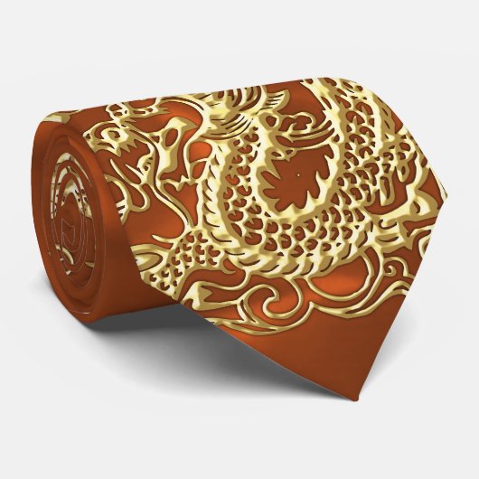 エンボス金ゴールドドラゴンオンオレンジサテンプリント ネクタイ (ロール)