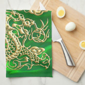 エンボス金ゴールドドラゴンオングリーンサテンプリント キッチンタオル (四つ折り)