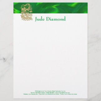 エンボス金ゴールドドラゴンオングリーンサテン レターヘッド