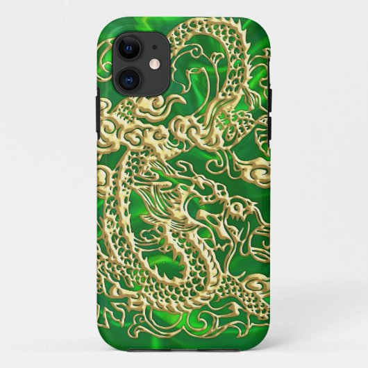 エンボス金ゴールドドラゴンオングリーンサテンiPhoneケース Case-Mate iPhoneケース (裏面)