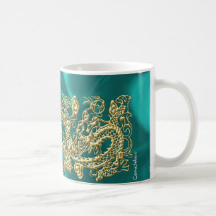 エンボス金ゴールドドラゴンオンターコイズサテンプリント コーヒーマグカップ
