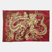 エンボス金ゴールドドラゴンオンレッドサテンプリント キッチンタオル (横)