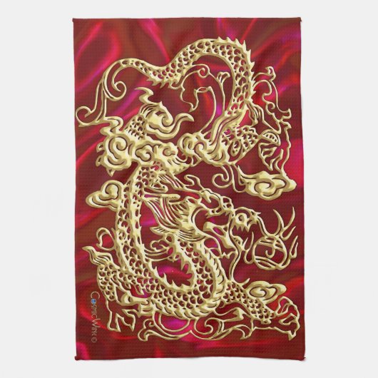 エンボス金ゴールドドラゴンオンレッドサテンプリント キッチンタオル (縦)