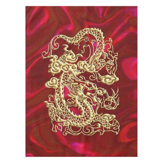 エンボス金ゴールドドラゴンオンレッドサテンプリント テーブルクロス (正面)