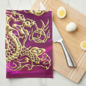 エンボス金ゴールドドラゴンマゼンタサテンプリント キッチンタオル (四つ折り)