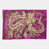 エンボス金ゴールドドラゴンマゼンタサテンプリント キッチンタオル (横)