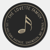 エンボス金ゴールドミュージックノートオンブラック差出人住所 ラウンドシール (正面)