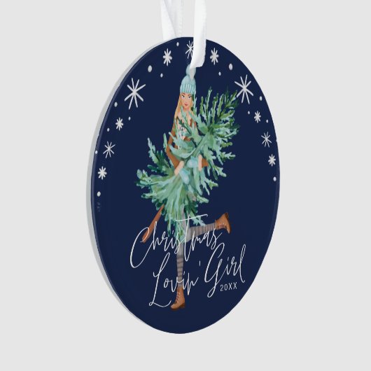 エヴァグリーンクリスマスツリーを持つ水彩少女 オーナメント (正面)