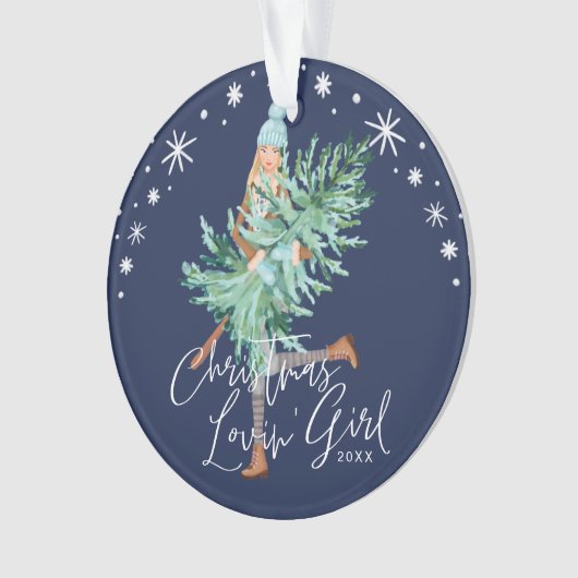 エヴァグリーンクリスマスツリーを持つ水彩少女 オーナメント (正面)