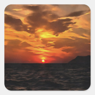 エーゲ川に焼けた地平線絵画の夕日 スクエアシール