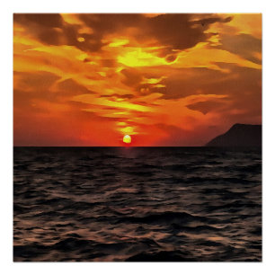 エーゲ海の風景の上の絵画夕日 ポスター