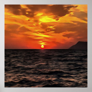 エーゲ海の風景の上の絵画夕日 ポスター