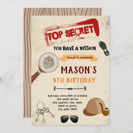 エージェントのスパイ誕生日の招待状を送信 招待状 (正面/裏面)