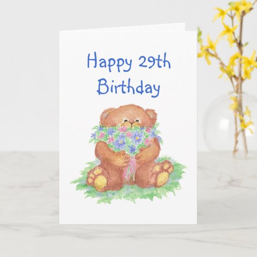 エージユーモア29誕生日、かわいいテディベアの花 カード (黄色い花)