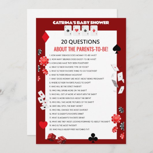 エースカジノベビーシャワー – 編集可能な名前、5 x 7 招待状 (正面/裏面)