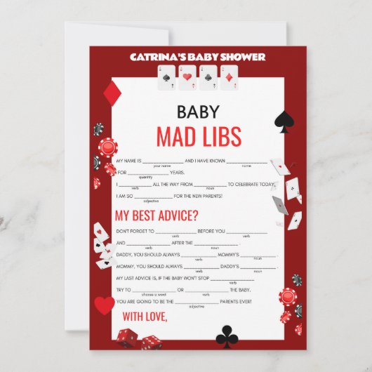 エースカジノベビーシャワー – 編集可能な名前、5 x 7 招待状 (正面)