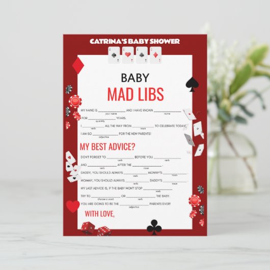 エースカジノベビーシャワー – 編集可能な名前、5 x 7 招待状 (スタンド正面)