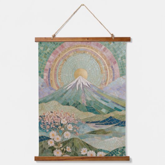 エーテリアル・ブルーム: 春の淡いモザイク火山 吊り下げ型タペストリー (正面)