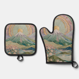 エーテリアル・ブルーム: 春の淡いモザイク火山 鍋つかみ&鍋敷きセット