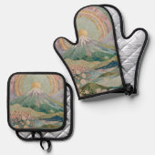 エーテリアル・ブルーム: 春の淡いモザイク火山 鍋つかみ&鍋敷きセット (正面/裏面)