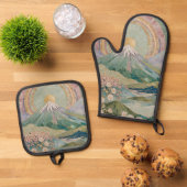エーテリアル・ブルーム: 春の淡いモザイク火山 鍋つかみ&鍋敷きセット (トップダウン)