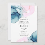 エーテルティール（緑がかった色）エレガントピンクイモダンンキ結婚ーズ 招待状 (正面)