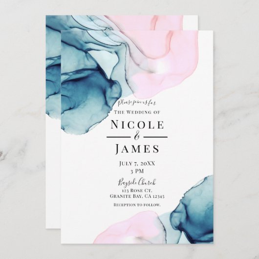 エーテルティール（緑がかった色）エレガントピンクイモダンンキ結婚ーズ 招待状 (正面/裏面)