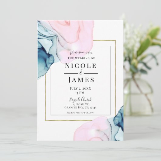 エーテルティール（緑がかった色）ピエレガントンクモダン金ゴールド結婚ズ 招待状 (スタンド正面)