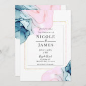 エーテルティール（緑がかった色）ピエレガントンクモダン金ゴールド結婚ズ 招待状 (正面/裏面)