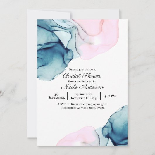 エーテルティール(緑がかった色)ピンクエレガントモダンブライダルシャワー 招待状 (正面)