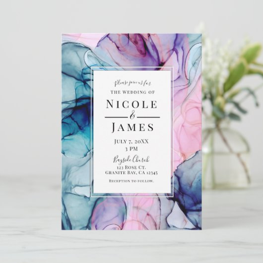 エーテルティール（緑がかった色）ピンクパープルインモダンキグラム結婚ズ 招待状 (スタンド正面)