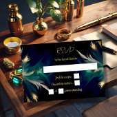 エーテルティール(緑がかった色)ブルーブラック金ゴールドフェザー結婚ズ 出欠カード