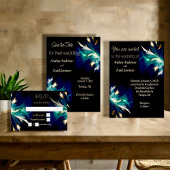 エーテルティール(緑がかった色)ブルーブラック金ゴールドフェザー結婚ズ 出欠カード