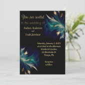 エーテルティール（緑がかった色）ブルーブラック金ゴールドフェザー結婚ズ 招待状 (スタンド正面)