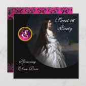 エーテル美しい,甘い16,ピンク,黒,ホワイトダマスク 招待状 (正面/裏面)