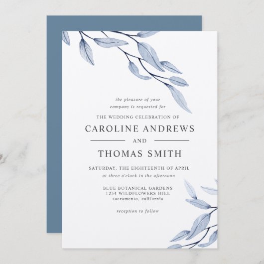 エーテル青 |ボエレガントタニ葉カル結婚 招待状 (正面/裏面)