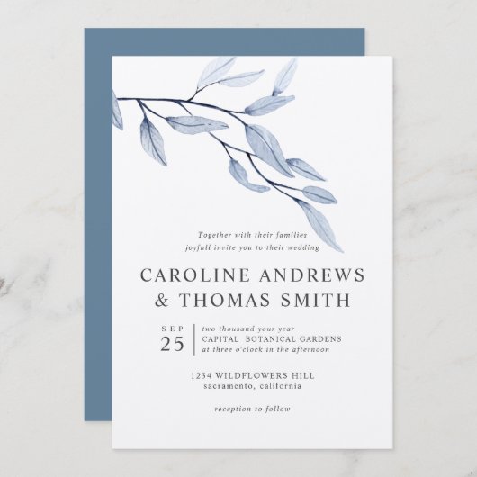 エーテル青 | Chic Botanical 葉結婚s 招待状 (正面/裏面)