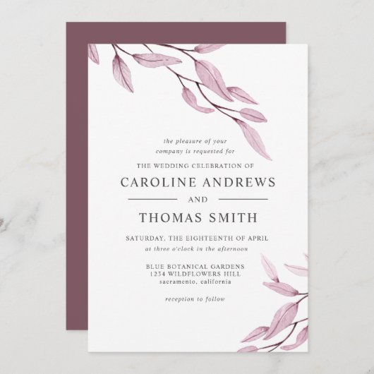 エーテル・ブルゴーニュ |ボタニカル葉結婚の 招待状 (正面/裏面)