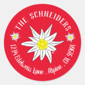 エーデルワイスパーソナライズされたフラワーレッド封筒用シール ラウンドシール (正面)