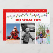オはっきりしたー何おもしろい赤スクリプト三つフォトホリデー シーズンカード (正面/裏面)