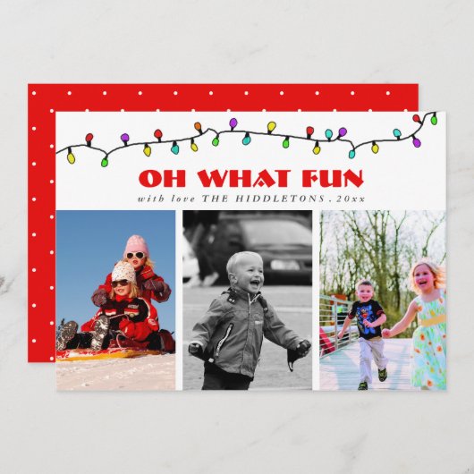 オはっきりしたー何おもしろい赤スクリプト三つフォトホリデー シーズンカード (正面/裏面)