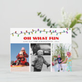 オはっきりしたー何おもしろい赤スクリプト三つフォトホリデー シーズンカード (スタンド正面)